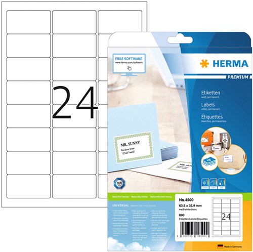 Etiket HERMA 4500 A4 63.5x33.9mm premium wit 600 stuks