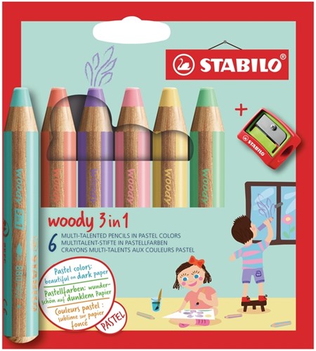 Kleurpotloden STABILO 880 woody inclusief puntenslijper pastel assorti etui à 6 stuks
