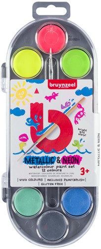 Waterverfset Bruynzeel Kids penseel metallic- en neonkleuren 12 napjes