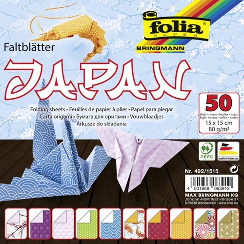 Vouwblaadjes Folia 80gr 15x15cm 50 vel 2-zijdig Japan 10 designs assorti kleuren