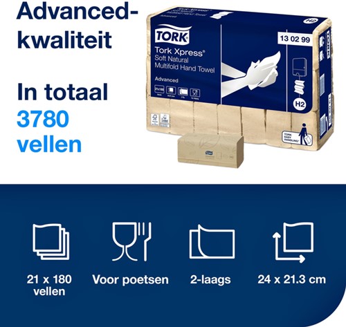 Handdoek Tork H2 Xpress Advanced multifold 2-laags 213x240mm 21x180 vel naturel 130299-2