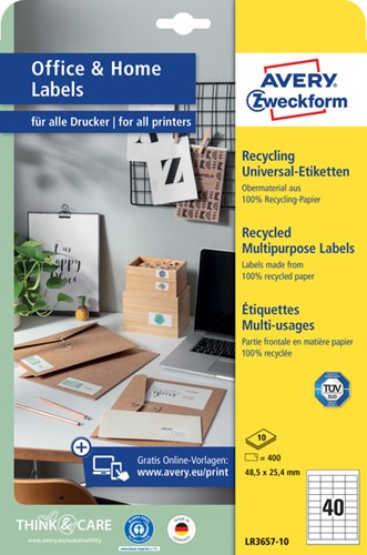 Etiket Avery LR3657-10 48.5x25.4mm recycled wit 400 stuks