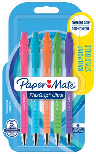 Balpen Paper Mate Flexgrip drukknop Bright fun medium assorti 5 stuks
