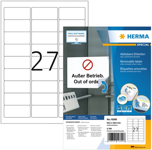 Etiket HERMA 10300 63.5x29.6mm verwijderbaar wit 2700 stuks