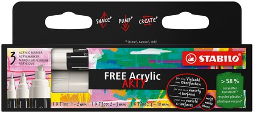 Acrylmarker STABILO  Free Acrylic Mixed Tip set à 3 breedtes wit