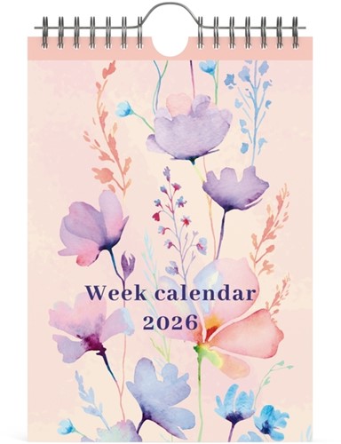 Weekkalender 2026 Lannoo 155x220 Flowers watercolour 7dagen/1pagina roze
