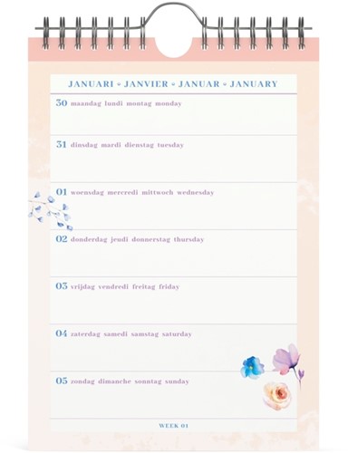 Weekkalender 2026 Lannoo 155x220 Flowers watercolour 7dagen/1pagina roze-2