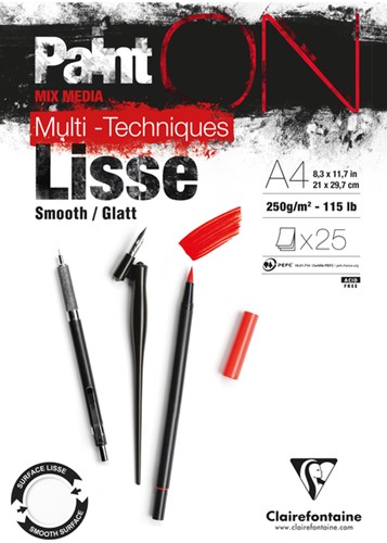Tekenblok Clairefontaine Paint On A4 glad 25 vel 250gr wit