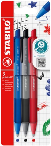 Balpen STABILO pointball colorful medium assorti blister à 3 stuks