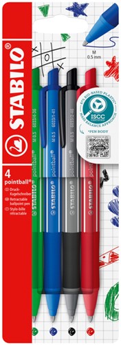 Balpen STABILO pointball colorful medium assorti blister à 4 stuks