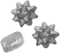 Cadeaulint Polyband en 2 rozetten zilver glitter