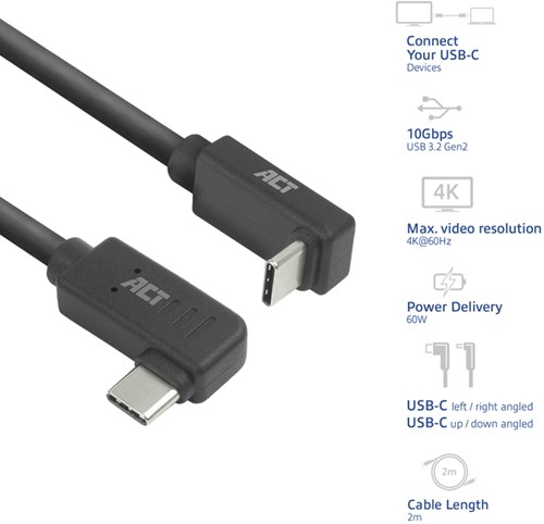 Kabel ACT USB-C hoek links/rechts USB-C hoek boven/beneden 10Gbps 2m-2