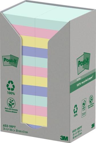 Memoblok 3M Post-it 653-1RPT 38x51mm 24 stuks recycled rainbow pastel