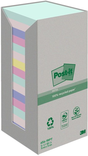 Memoblok 3M Post-it 654-1RPT 76x76mm 16 stuks recycled rainbow pastel
