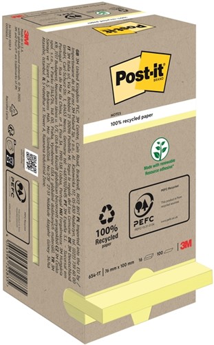 Memoblok 3M Post-it 654YRT 76x76mm 16 stuks recycled pastel geel