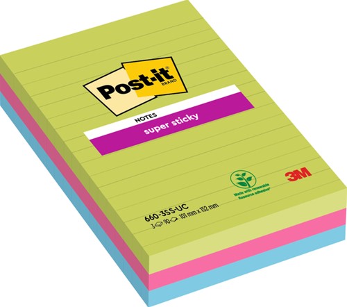 Memoblok 3M Post-it 660SUC Super Sticky 102x152mm gelijnd rainbow