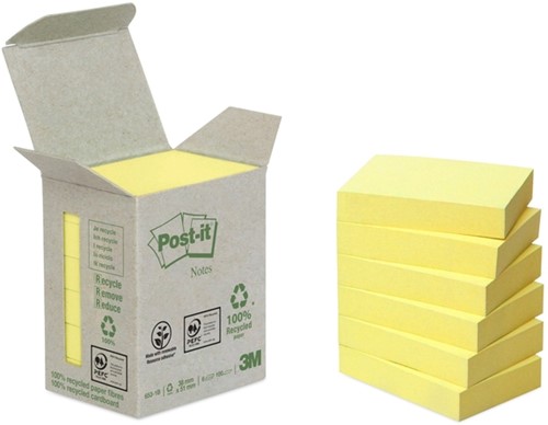 Memoblok 3M Post-it 653-1B 38x51mm 6 stuks recycled geel