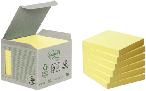 Memoblok 3M Post-it 654-1B 76x76mm 6 stuks recycled geel