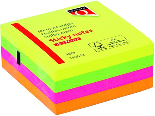 Memoblok Quantore 75x75mm neon kleuren assorti 4 kleuren