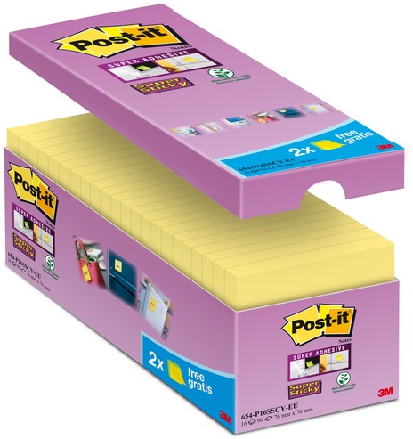 Memoblok 3M Post-it 654-P16 Super Sticky 76x76mm geel 14+2 gratis