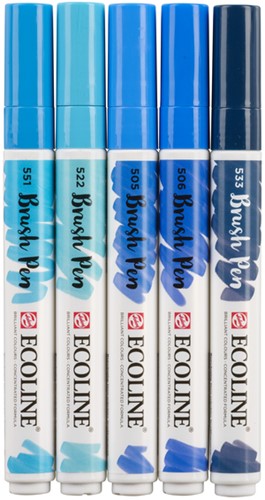 Brushpen Talens Ecoline set-blauw blister à 5 stuks ass