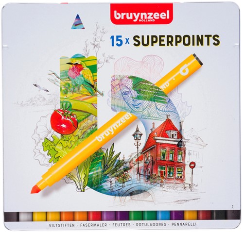 Viltstift Bruynzeel Super Points blik à 15 kleuren