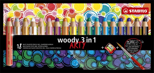 Kleurpotloden STABILO Woody 880/18-1-20 etui à 18 kleuren met puntenslijper en penseel