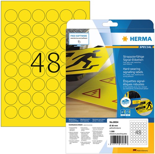 Etiket HERMA 8034 30mm rond weerbestendig geel 1200 stuks