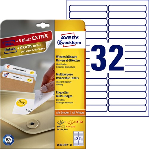 Etiket Avery L6031REV-25 96x16.9mm afneembaar wit 800stuks