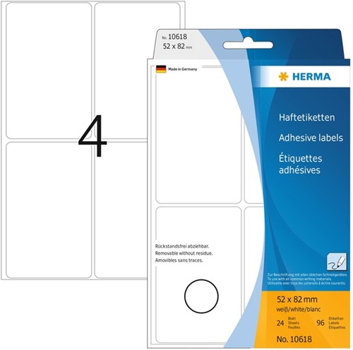Etiket HERMA 10618 52x82mm verwijderbaar wit 96 stuks