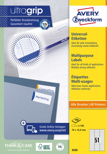 Etiket Avery 3420 70x16.9mm wit 5100 stuks