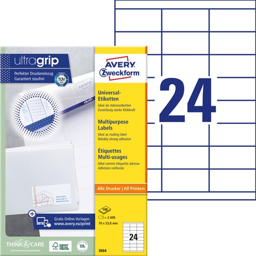 Etiket Avery Zweckform 3664 70x33.8mm wit 2400stuks-2