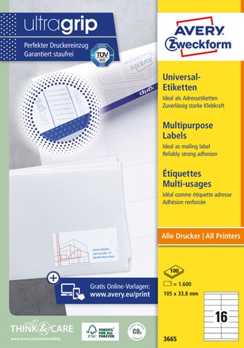 Etiket Avery Zweckform 3665 105x33.8mm wit 1600stuks