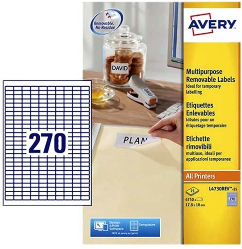 Etiket Avery L4730REV-25 17.8x10mm afneembaar wit 6750stuks