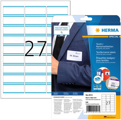 Naambadge etiket HERMA 4513 63.5x29.6mm wit/blauw 540 stuks