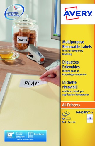 Etiket Avery L4743REV-25 99.1x42.3Mm afneembaar wit 300stuks