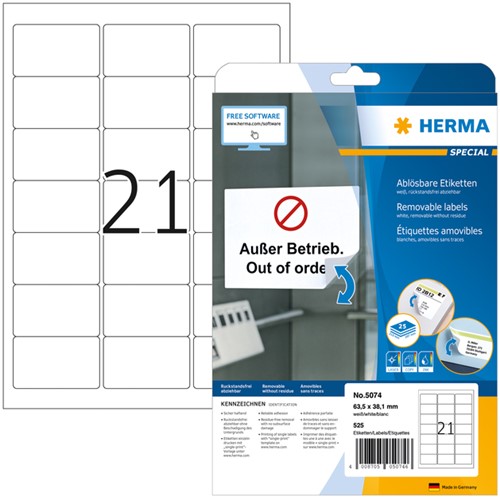 Etiket HERMA 5074 63.5x38.1mm verwijderbaar wit 525 stuks