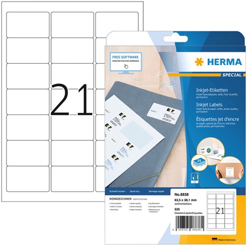Etiket Herma 8838 63.5x38.1mm mat wit 525stuks