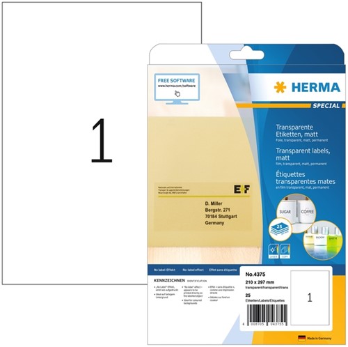 Etiket HERMA 4375 210x297mm A4 transparant 25 stuks