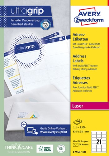 Etiket Avery L7160-100 63.5x38.1mm wit 2100 etiketten