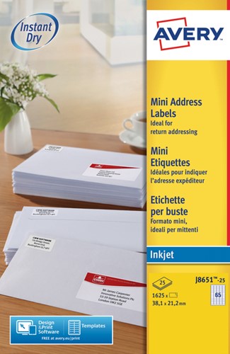 Etiket Avery J8651-25 38.1x21.2mm wit 1625 stuks