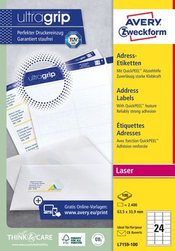 Etiket Avery L7159-100 63.5x33.9mm wit 2400 etiketten