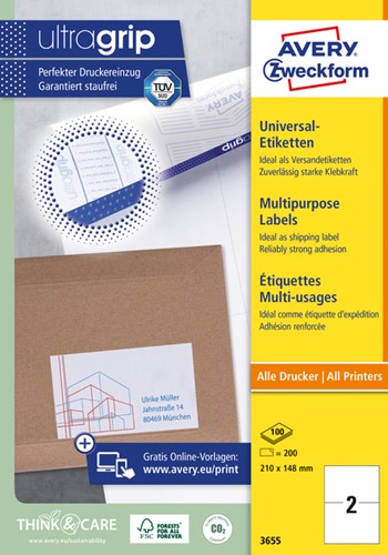 Etiket Avery 3655 210x148mm A5 wit 200 stuks