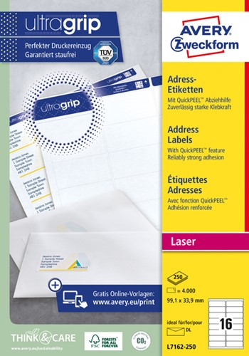 Etiket Avery L7162-250 99.1x33.9mm wit 4000 etiketten