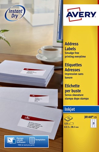 Etiket Avery J8160-10 63.5x38.1mm wit 210 etiketten