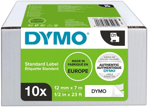 Labeltape Dymo 45013 D1 12mmx7m zwart op wit 10rol