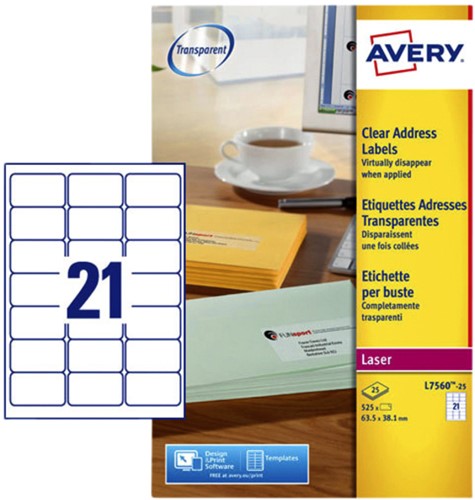Etiket Avery L7560-25 63.5x38.1mm transparant 525 etiketten