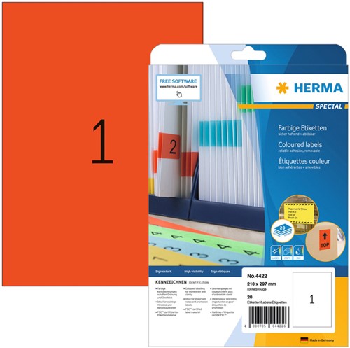 Etiket Herma 4422 210x297mm verwijderbaar A4 rood 20stuks