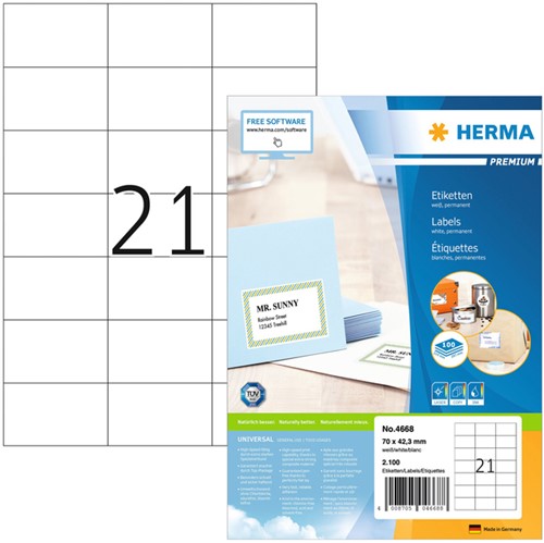 Etiket HERMA 4668 70x42.3mm premium wit 2100 etiketten