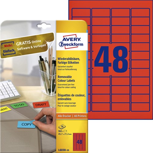 Etiket Avery L6038-20 45.7x21.2mm rood 960stuks